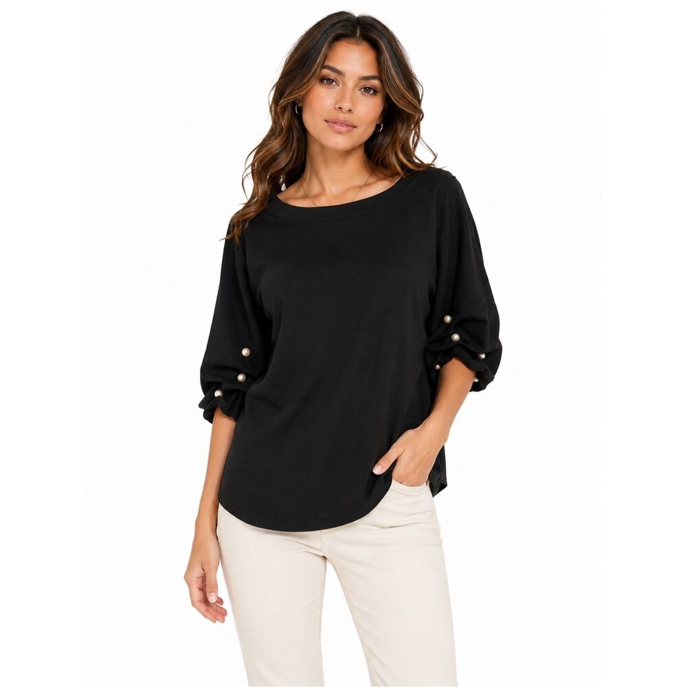 LIOR Paris Daffodil Pearl Puff Sleeve Knit Top Black Size Large